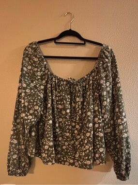 a.n.a Olive Green Floral Peasant Blouse
